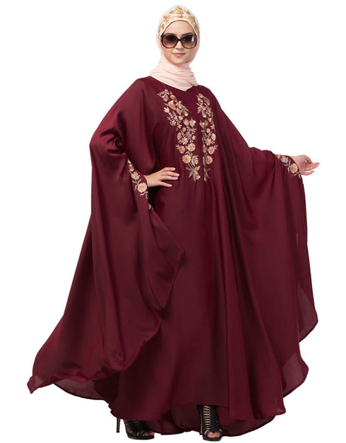 Arabic Neck and Sleeve Embroidered Irani Kaftan Maroon