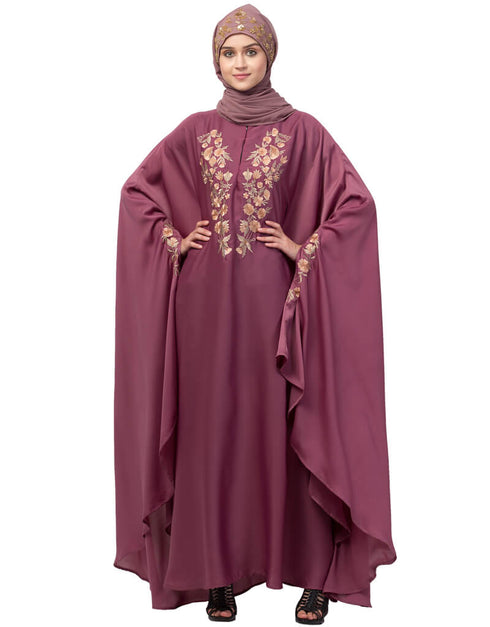 Women Neck and Sleeve Embroidered Irani Kaftan Mauve Pink