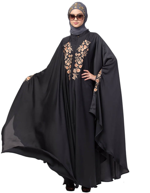 Muslimah Neck and Sleeve Embroidered Irani Kaftan Dark Grey