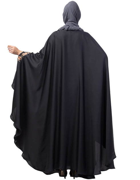 Muslimah Neck and Sleeve Embroidered Irani Kaftan Dark Grey
