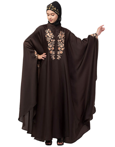 Chic Neck and Sleeve Embroidered Irani Kaftan Coffee Brown