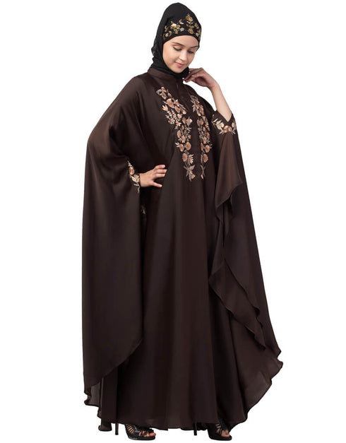 Chic Neck and Sleeve Embroidered Irani Kaftan Coffee Brown