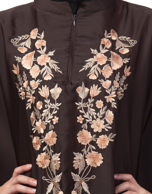 Chic Neck and Sleeve Embroidered Irani Kaftan Coffee Brown