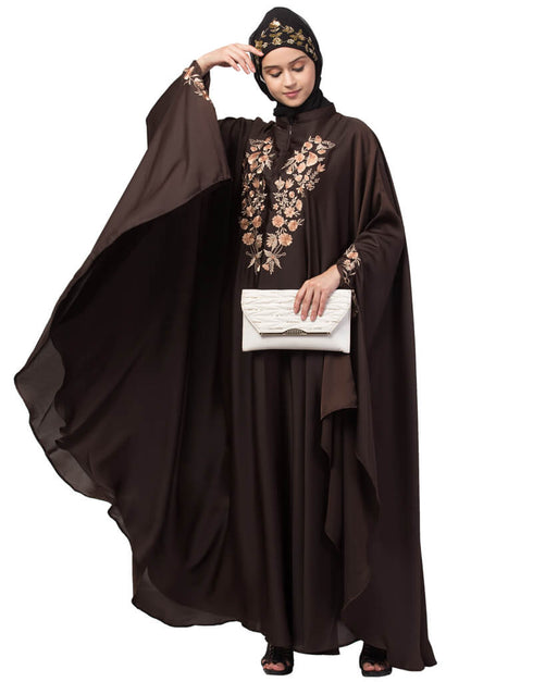 Chic Neck and Sleeve Embroidered Irani Kaftan Coffee Brown