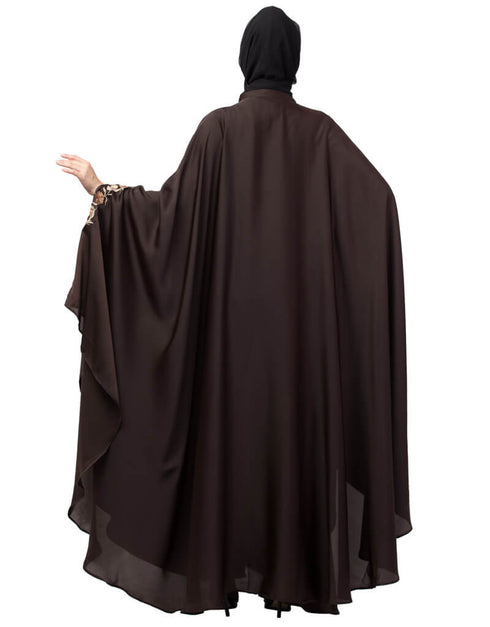 Chic Neck and Sleeve Embroidered Irani Kaftan Coffee Brown