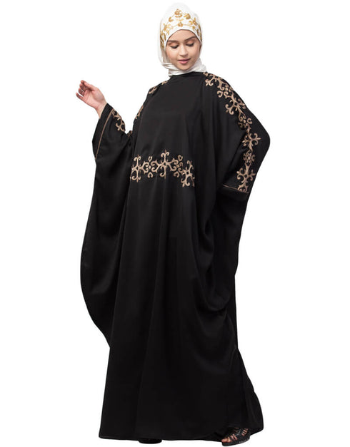 Trendy Waist and both sleeve resham embroidery Nida kaftan Black