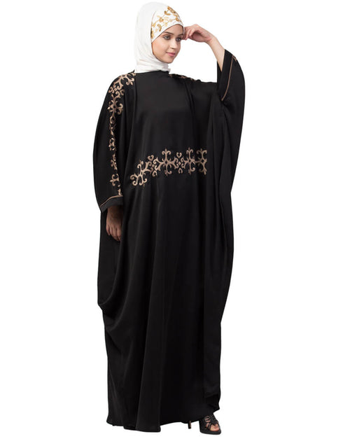 Trendy Waist and both sleeve resham embroidery Nida kaftan Black