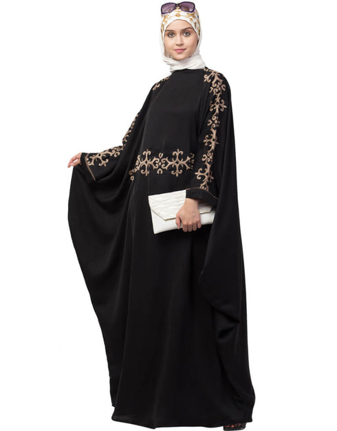 Trendy Waist and both sleeve resham embroidery Nida kaftan Black