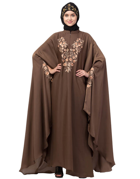 Modern Neck and Sleeve Embroidered Irani Kaftan Light Brown