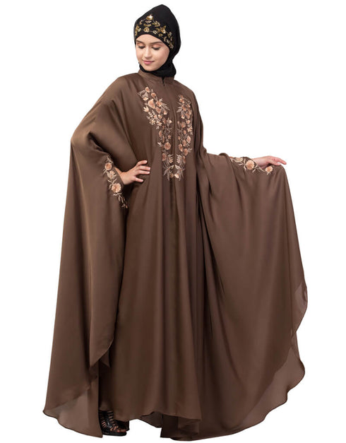 Modern Neck and Sleeve Embroidered Irani Kaftan Light Brown