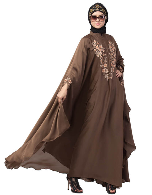 Modern Neck and Sleeve Embroidered Irani Kaftan Light Brown