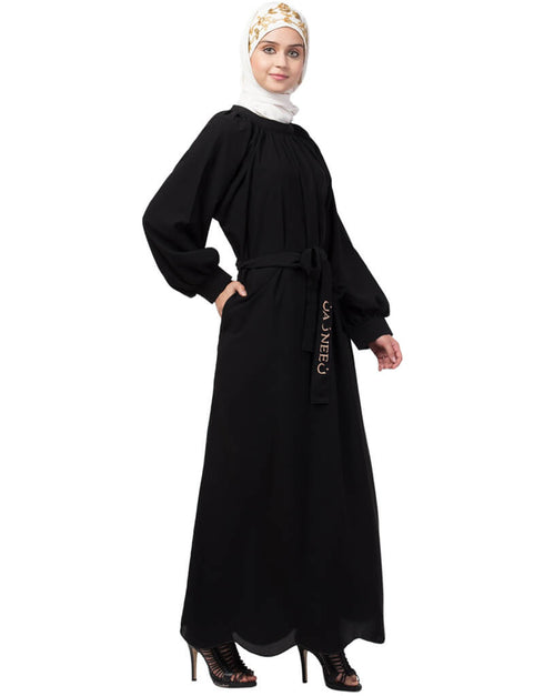 Muslim Gather at reglan sleeve with belt halter neck Abaya Black