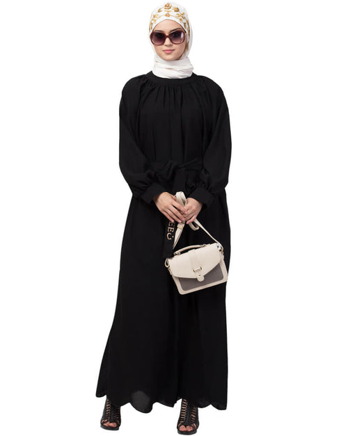 Muslim Gather at reglan sleeve with belt halter neck Abaya Black