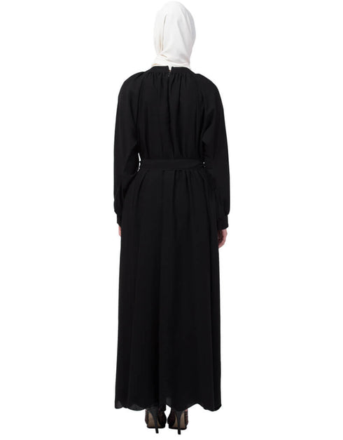 Muslim Gather at reglan sleeve with belt halter neck Abaya Black