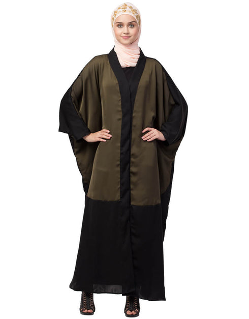 Modest Two colors front open kaftan cum abaya Green