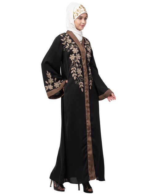 Islamic Front and sleeve resham embroidery contrast band front open abaya Black