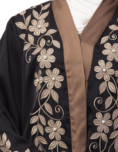 Islamic Front and sleeve resham embroidery contrast band front open abaya Black