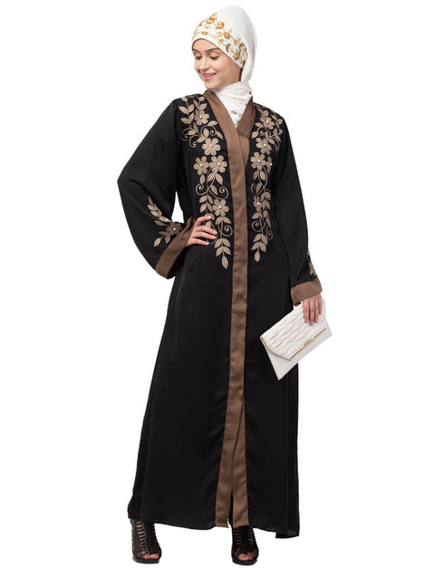 Islamic Front and sleeve resham embroidery contrast band front open abaya Black