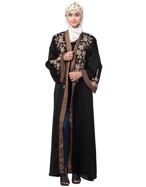 Islamic Front and sleeve resham embroidery contrast band front open abaya Black