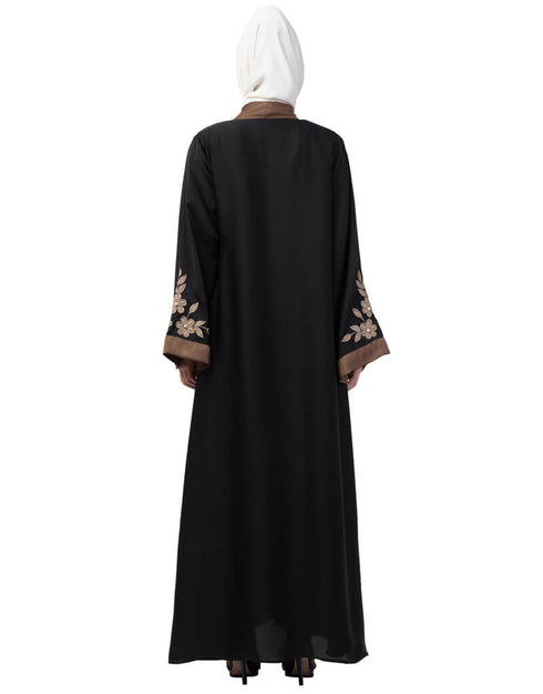 Islamic Front and sleeve resham embroidery contrast band front open abaya Black