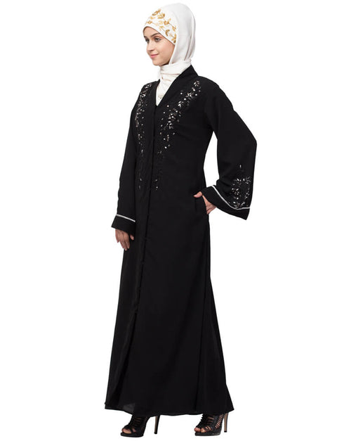 Arabic Front open Hand work at both side and sleeve Abaya Black