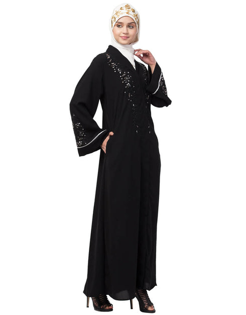 Arabic Front open Hand work at both side and sleeve Abaya Black