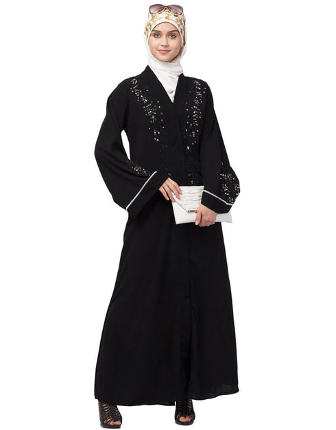 Arabic Front open Hand work at both side and sleeve Abaya Black