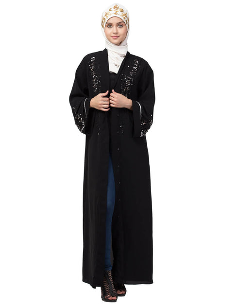 Arabic Front open Hand work at both side and sleeve Abaya Black