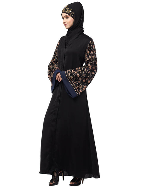 Women Both sleeve resham embroidered front open Dubai Abaya Black