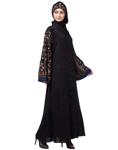 Women Both sleeve resham embroidered front open Dubai Abaya Black