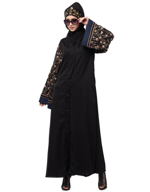 Women Both sleeve resham embroidered front open Dubai Abaya Black