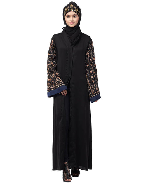 Women Both sleeve resham embroidered front open Dubai Abaya Black