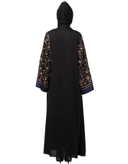 Women Both sleeve resham embroidered front open Dubai Abaya Black