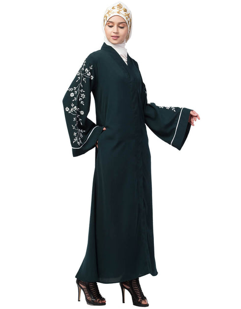 Muslimah Front Open Sleeve Resham Embroidery Abaya Green