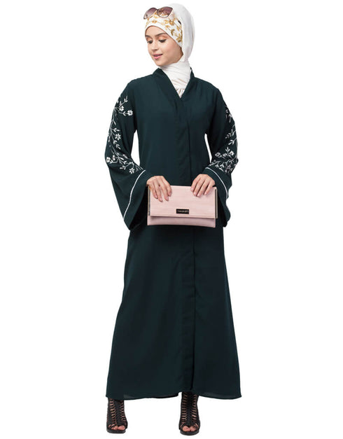 Muslimah Front Open Sleeve Resham Embroidery Abaya Green