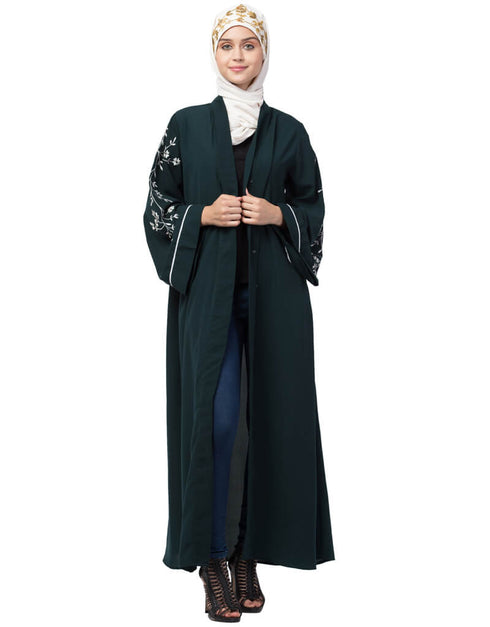 Muslimah Front Open Sleeve Resham Embroidery Abaya Green