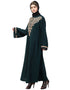 Chic Round Neck Front and sleeve drop Embroidery Abaya Green