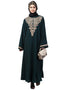 Chic Round Neck Front and sleeve drop Embroidery Abaya Green