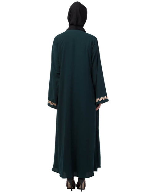 Chic Round Neck Front and sleeve drop Embroidery Abaya Green