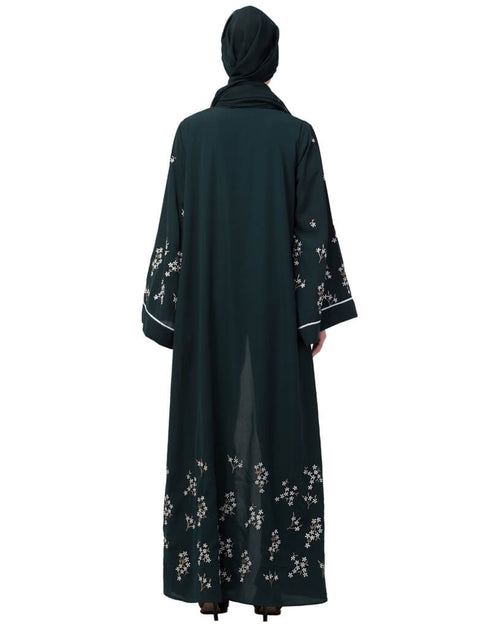 Trendy Front Open Front Back sleeve with Hijab Embroidered Abaya cum Kaftan Green