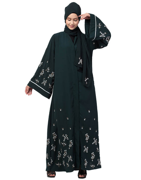 Trendy Front Open Front Back sleeve with Hijab Embroidered Abaya cum Kaftan Green