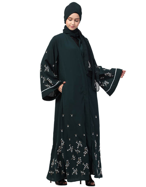 Trendy Front Open Front Back sleeve with Hijab Embroidered Abaya cum Kaftan Green
