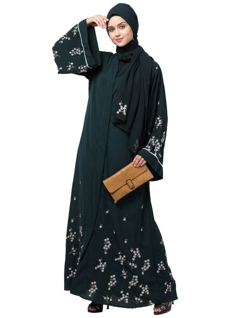 Trendy Front Open Front Back sleeve with Hijab Embroidered Abaya cum Kaftan Green