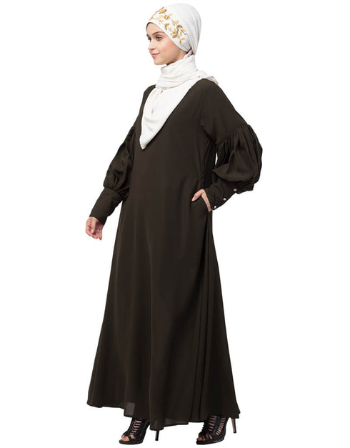 Modern Long cuff full balloon sleeve with belt A line Abaya Olive