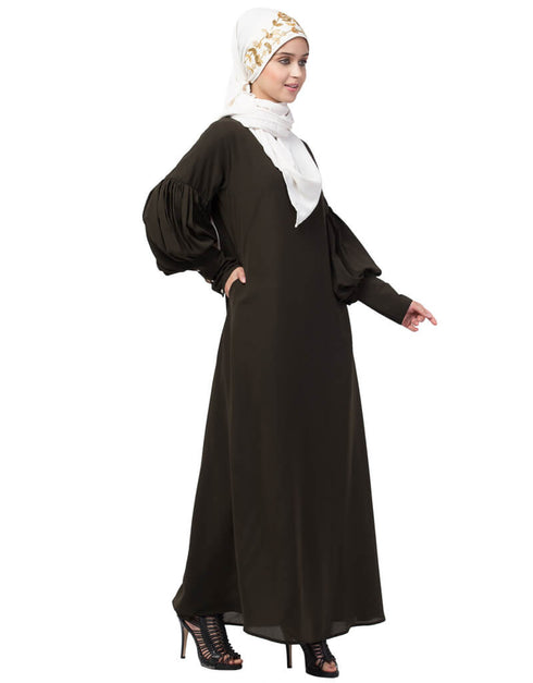 Modern Long cuff full balloon sleeve with belt A line Abaya Olive