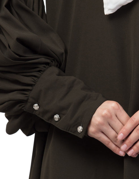 Modern Long cuff full balloon sleeve with belt A line Abaya Olive