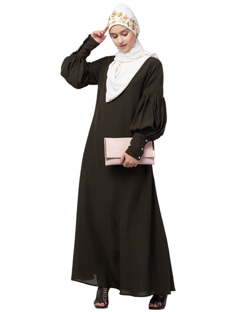 Modern Long cuff full balloon sleeve with belt A line Abaya Olive