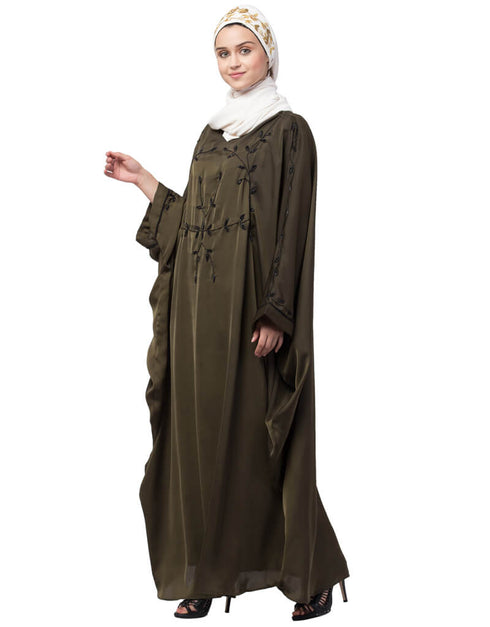 Dubai Contrast hand embroidered kaftan Olive