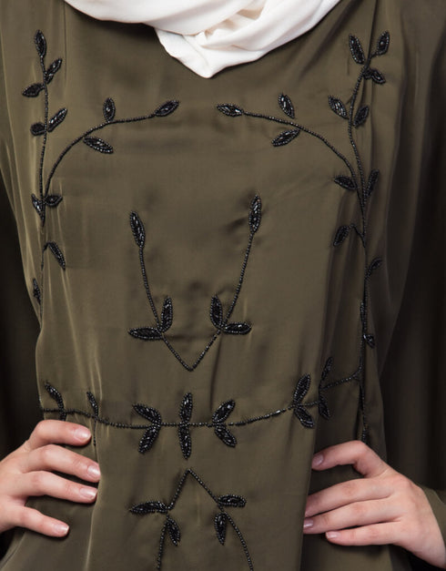Dubai Contrast hand embroidered kaftan Olive