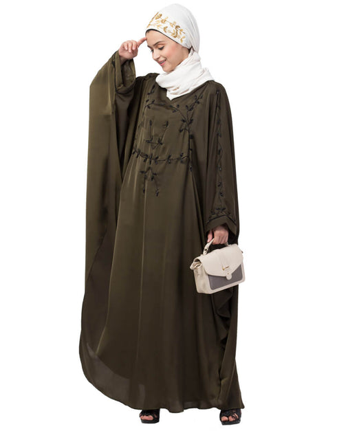 Dubai Contrast hand embroidered kaftan Olive